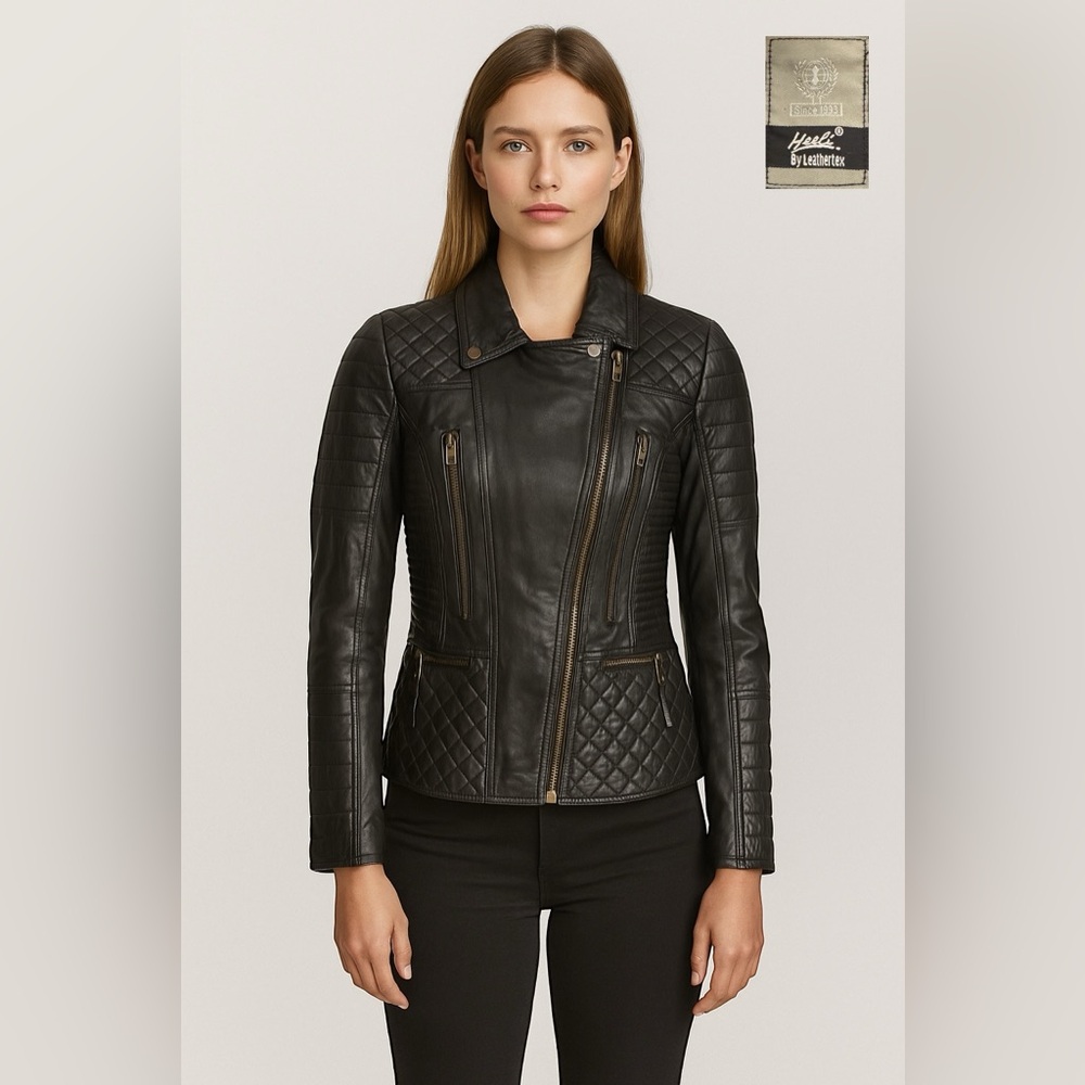 Heeli By Leathertex Women's Genuine Leather Quilted Motorcycle Jacket